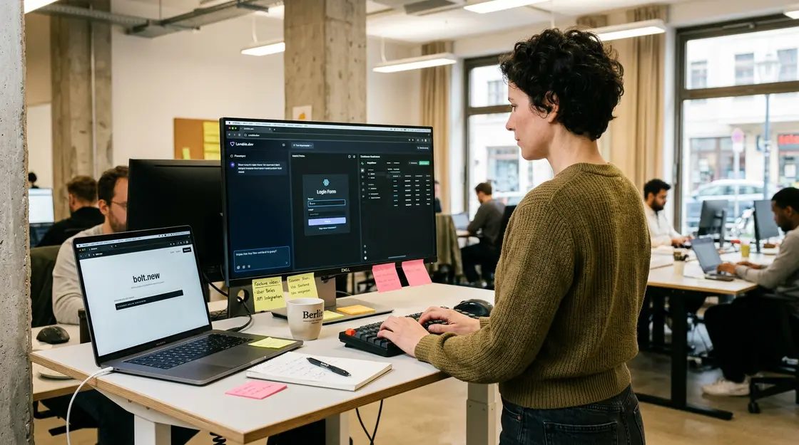 Lovable, Bolt.new – Produktmanager tippt Prompt in Lovable.dev Full-Stack-KI-Builder auf großem Monitor