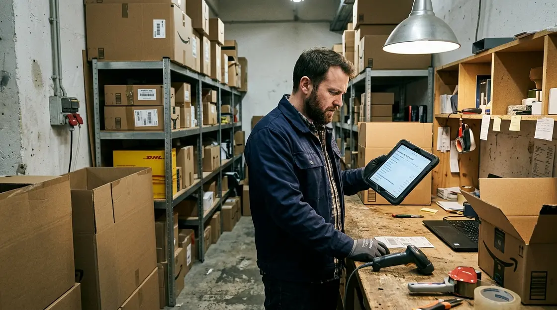 Händler prüft Amazon-Provisionen und Gebühren auf Tablet im Lager