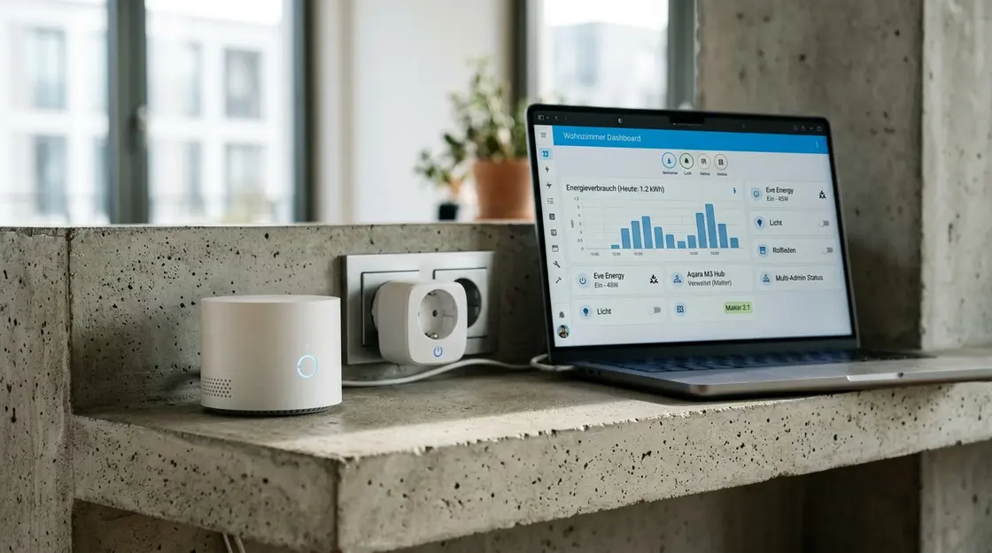 Matter 2.1, Smart-Home-Update – Aqara Hub und Eve Energy Steckdose mit Home Assistant Energy-Dashboard im Hintergrund