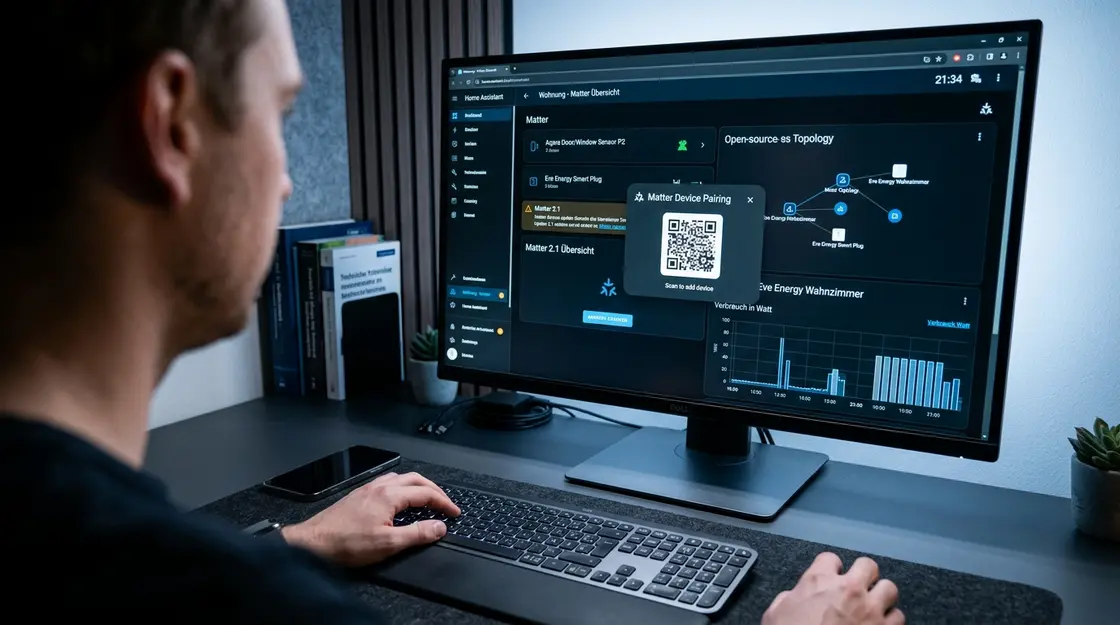 Home Assistant Dashboard mit Matter Multi-Admin Gerätekacheln und Energy-Verbrauchsgraph