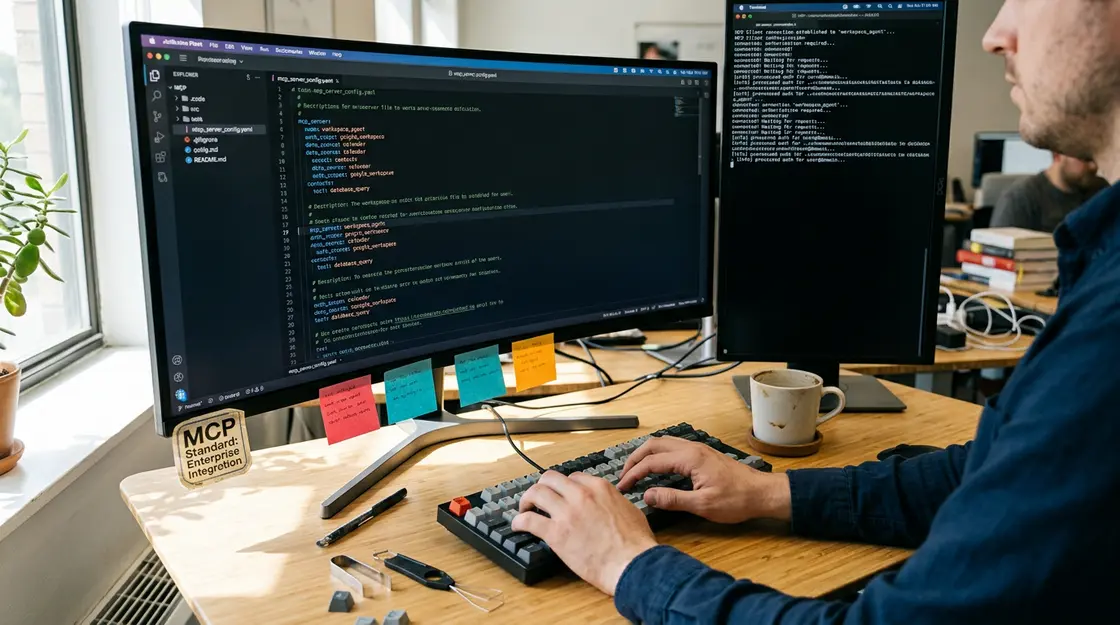 Entwickler konfiguriert MCP-Server-Code für Enterprise-Integration mit Google Workspace und Datenbankanbindung