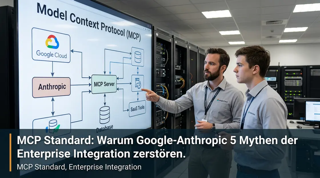MCP Standard, Enterprise Integration – Enterprise-Architekturdiagramm zum MCP Standard mit Google-Cloud- und Anthropic-Integrationsknoten auf großem Bildschirm
