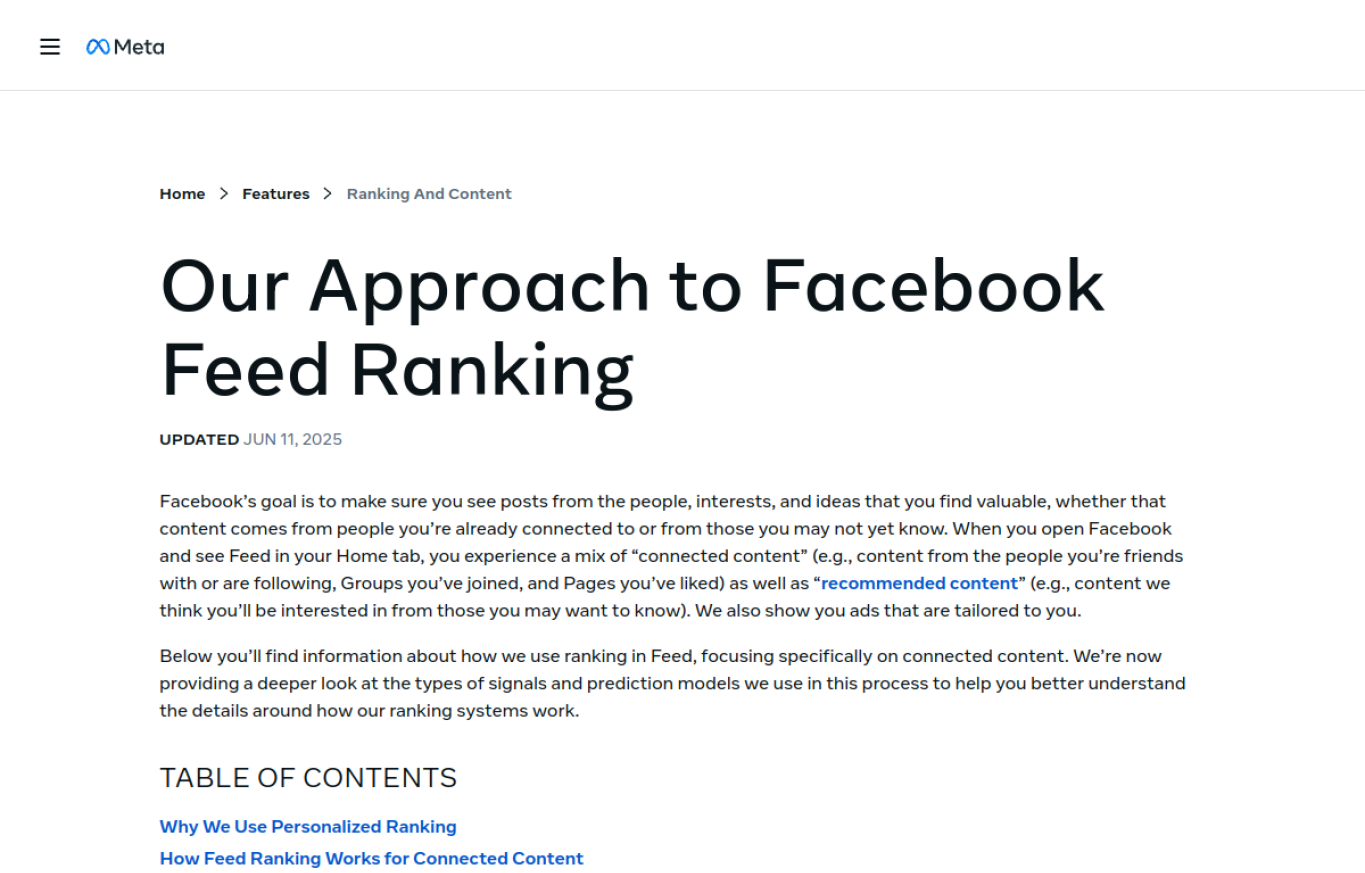 Facebook Feed Ranking im Meta Transparency Center