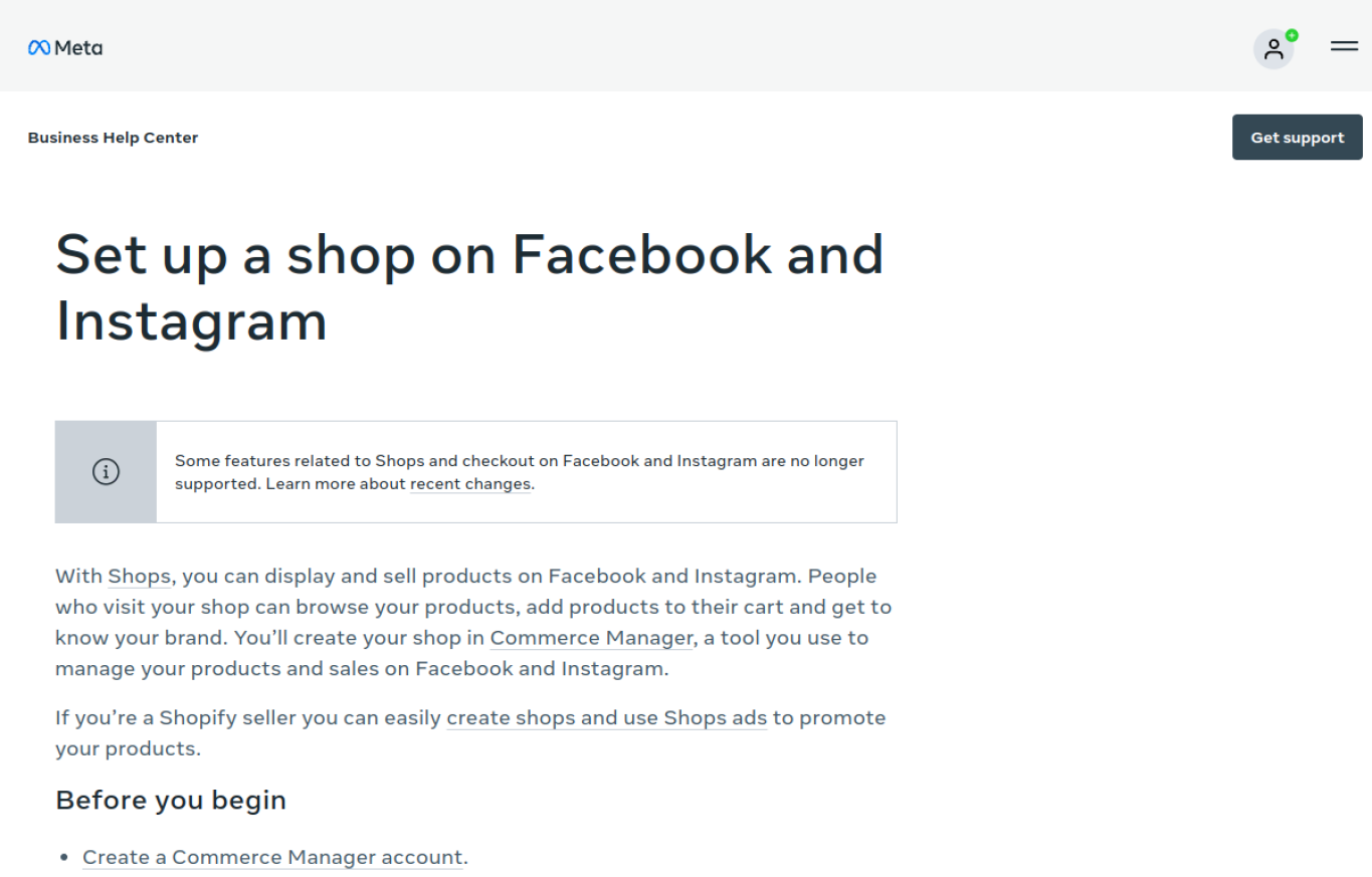 Facebook Shop Setup im Meta Business Help Center
