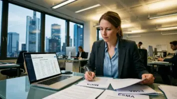 MiCA, Krypto-Regulierung – Compliance-Managerin prüft MiCA-Dokumente im Büro der Krypto-Regulierung