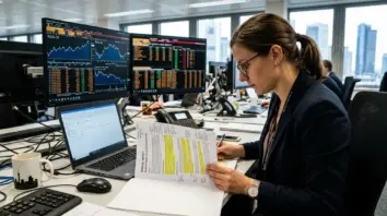 MiFID III, Aktienhandel – Compliance-Mitarbeiterin prüft MiFID III Regulierungsdokument an einem Handelsterminal