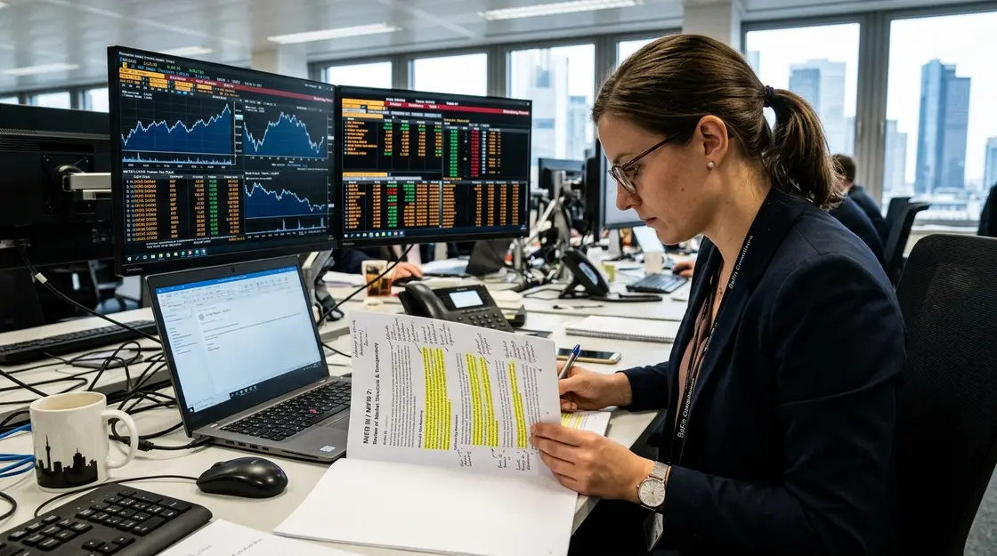 MiFID III, Aktienhandel – Compliance-Mitarbeiterin prüft MiFID III Regulierungsdokument an einem Handelsterminal