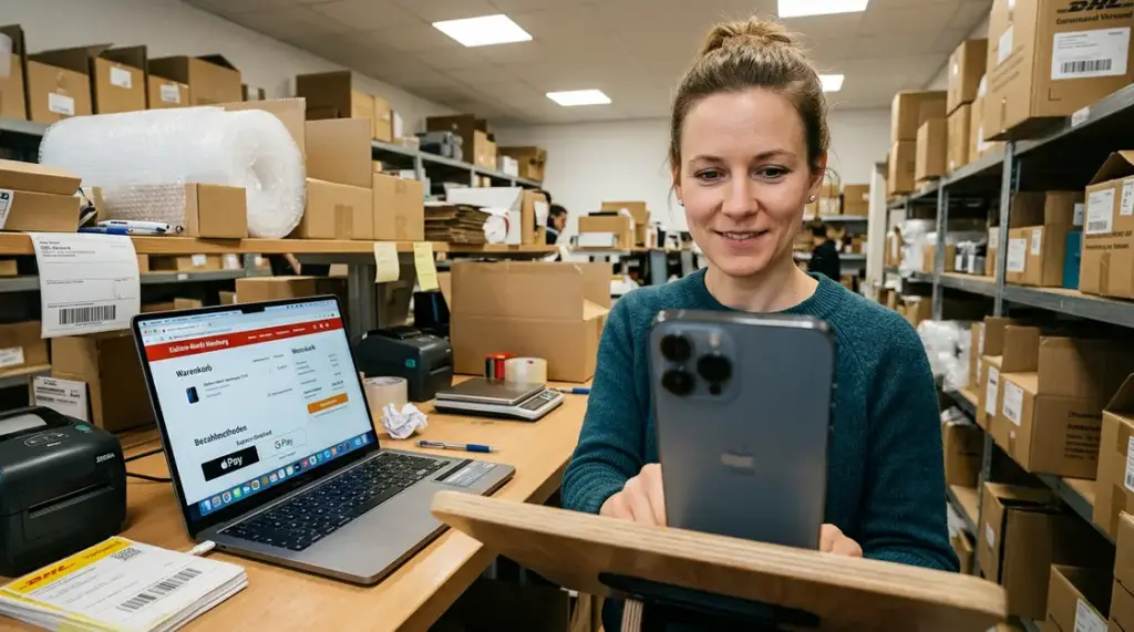 Mobile Wallet, One-Click-Checkout – Mobile Wallet Checkout mit Apple Pay auf einem iPhone in einem E-Commerce-Lager