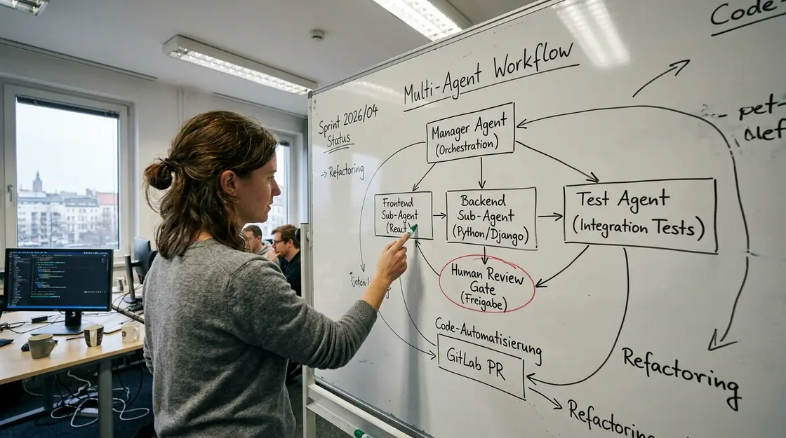 Whiteboard-Diagramm zeigt Multi-Agent-Architektur mit Human-Review-Gate für Code-Automatisierung