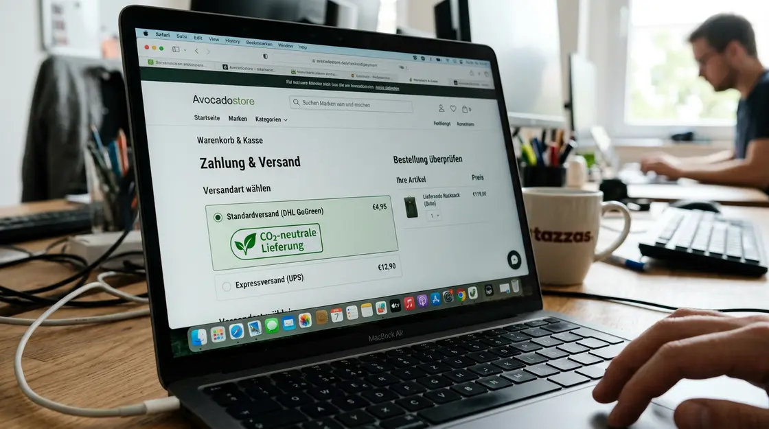 E-Commerce-Checkout mit grünem Nachhaltigkeits-Badge für CO2-neutrale Lieferung – Nachhaltigkeits-KPI sichtbar machen