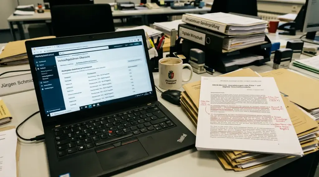 OECD-Steuer, Pillar 1 – OECD Pillar 1 Dokumente auf Schreibtisch neben E-Commerce-Marktplatz-Dashboard