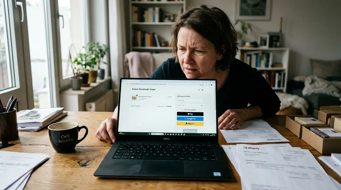 Onlinehändler prüft Checkout-Seite mit Wallet-Optionen auf Laptop