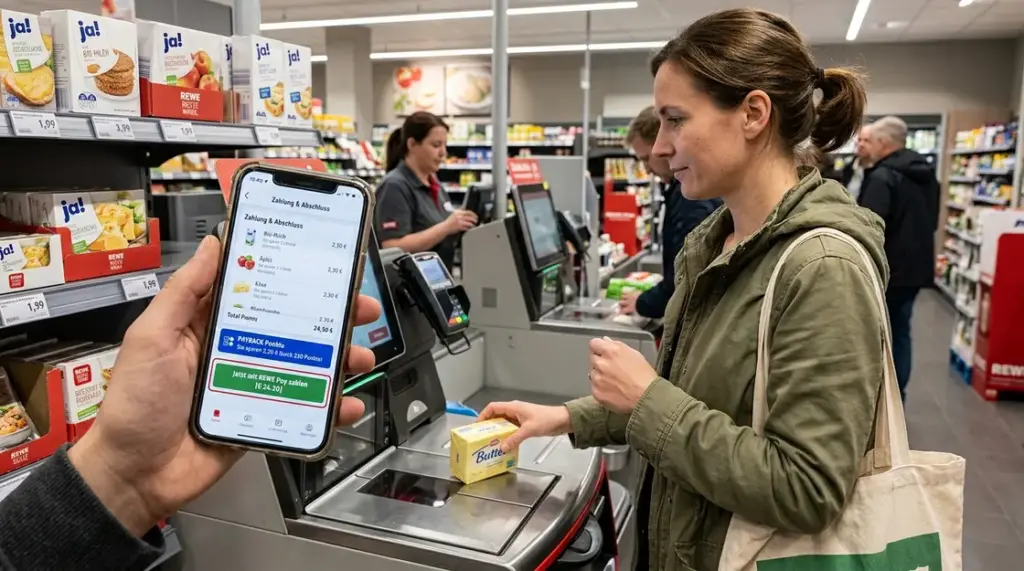 One-Click-Checkout, Payment-Integration, omnichannel Checkout – Kunde nutzt One-Click-Checkout per Smartphone-App im Supermarkt