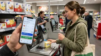 One-Click-Checkout, Payment-Integration, omnichannel Checkout – Kunde nutzt One-Click-Checkout per Smartphone-App im Supermarkt
