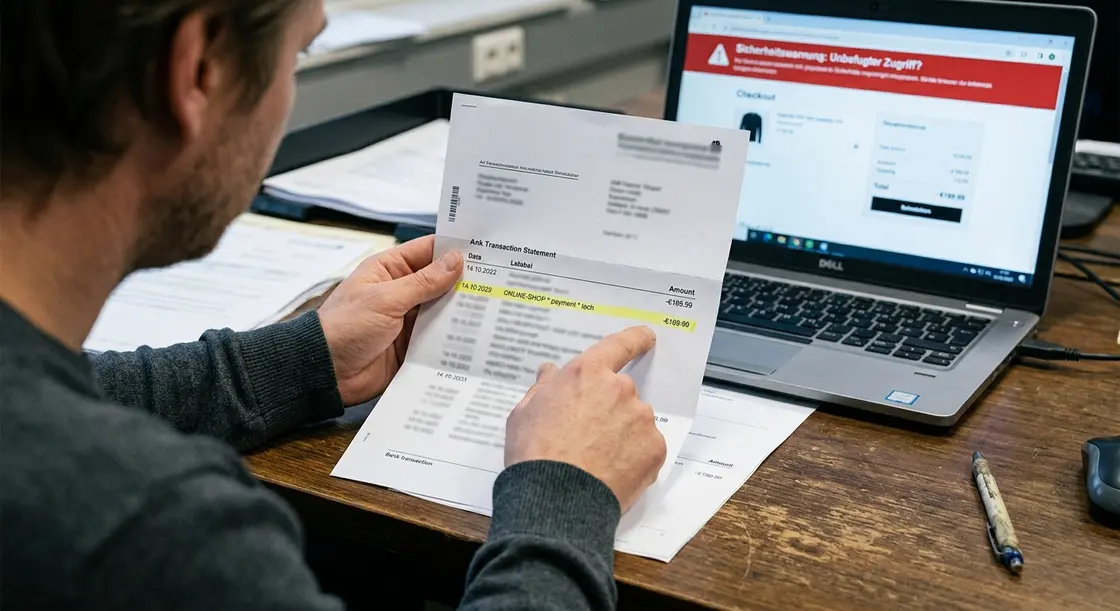 Betrug Online-Shop, Zahlung Betrug – Person hält Kontoauszug mit verdächtiger Abbuchung nach Online-Shop-Betrug