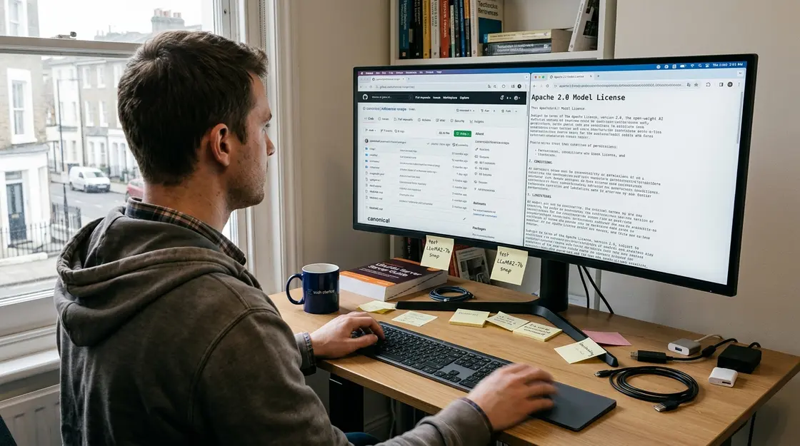 Entwickler vergleicht Inference-Snaps GitHub-Seite und Modelllizenz im Browser