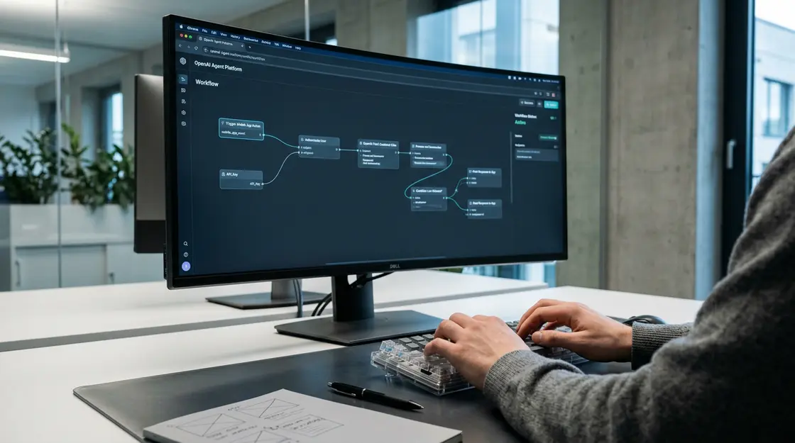 OpenAI Agent, Custom AI – OpenAI Agent Builder Workflow-Canvas auf einem Entwickler-Monitor