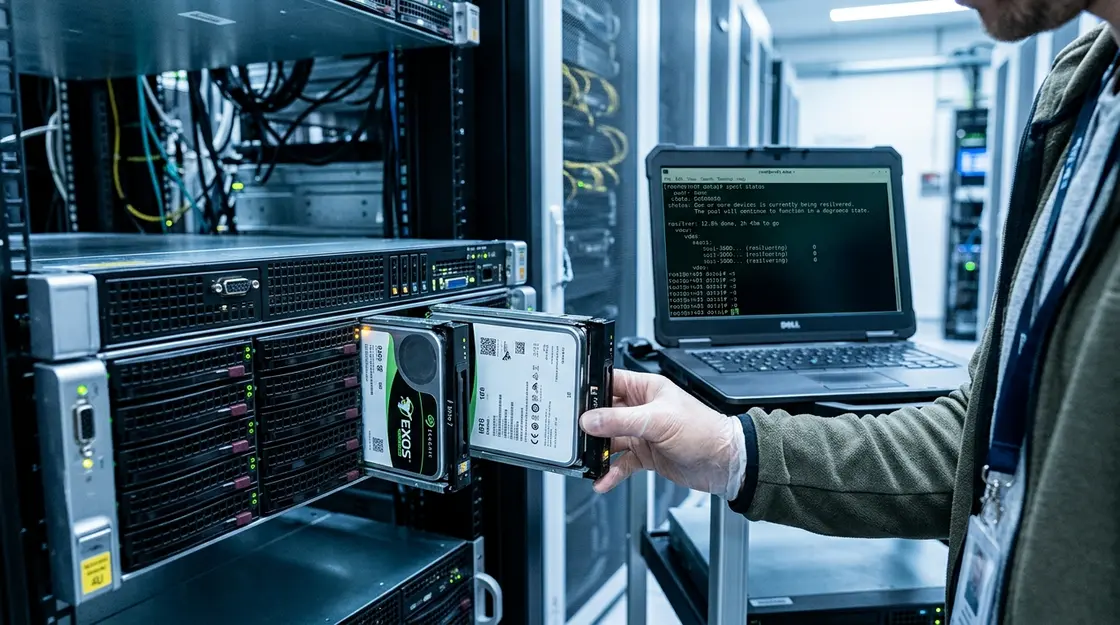 OpenZFS, Linux-Storage – Server-Rack mit ZFS-Pool-Status im Terminal – OpenZFS 2.4.2 Update