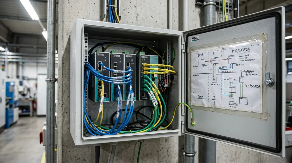 Industrielles Netzwerk-Rack mit OT-IT-Segmentierung in Fertigungsumgebung