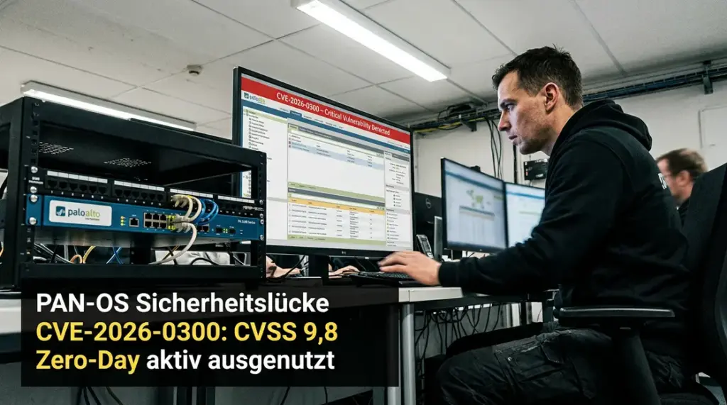 PAN-OS Sicherheitslücke, Zero-Day – Sicherheitsanalyst vor PAN-OS Firewall-Konsole mit kritischem CVE-2026-0300 Alert