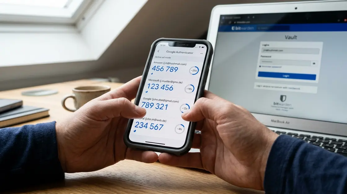 Authenticator-App mit TOTP-Codes als MFA-Schutz für Passwortmanager-Account