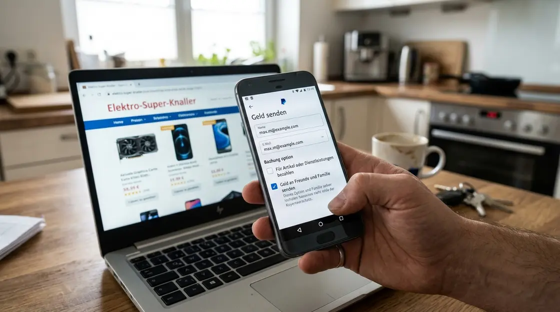 Smartphone zeigt PayPal Freunde und Familie Option bei verdächtigem Online-Shop