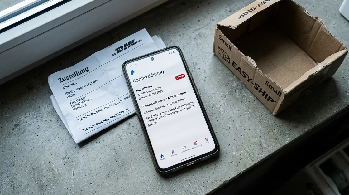 Smartphone mit geöffnetem PayPal-Käuferschutzfall neben leerem Paket