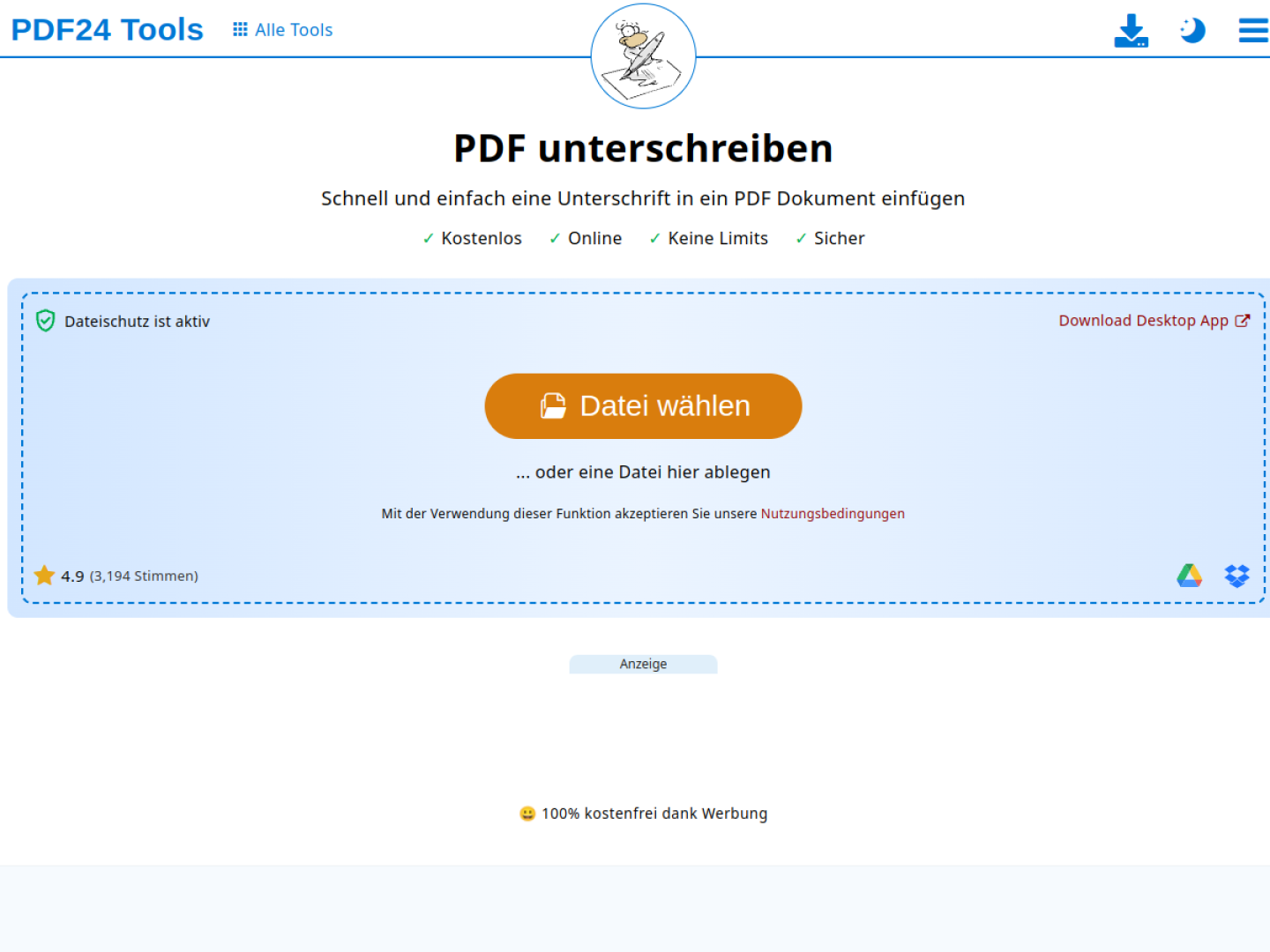 PDF digital signieren: Der ultimative Ratgeber für rechtssichere elektronische Unterschriften Screenshot der PDF24 Website für PDF digital signieren