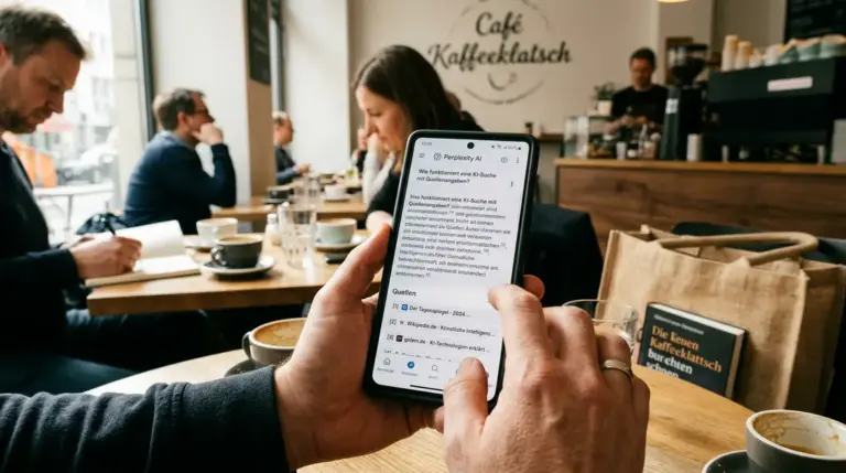 Perplexity, KI Suche – Perplexity App auf Smartphone mit Quellenangaben in der KI-Suche