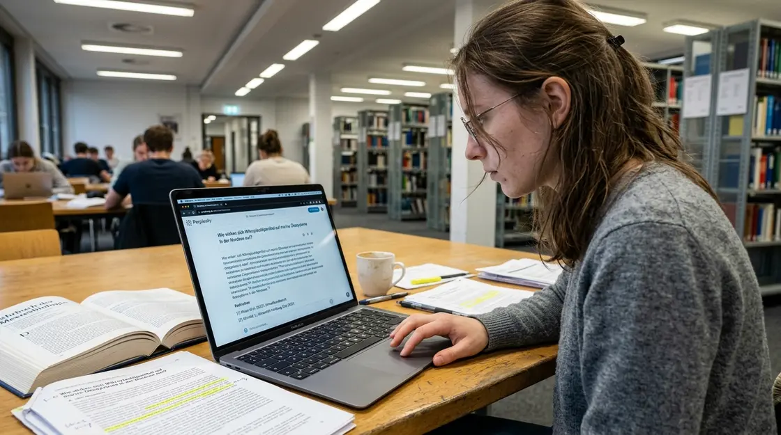 Studentin prüft Perplexity-Quellen am Laptop in der Bibliothek