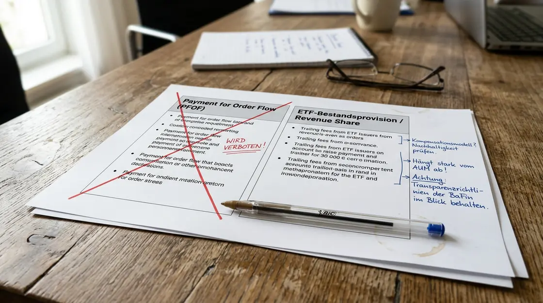 Vergleichsdokument PFOF versus ETF-Bestandsprovision auf Konferenztisch