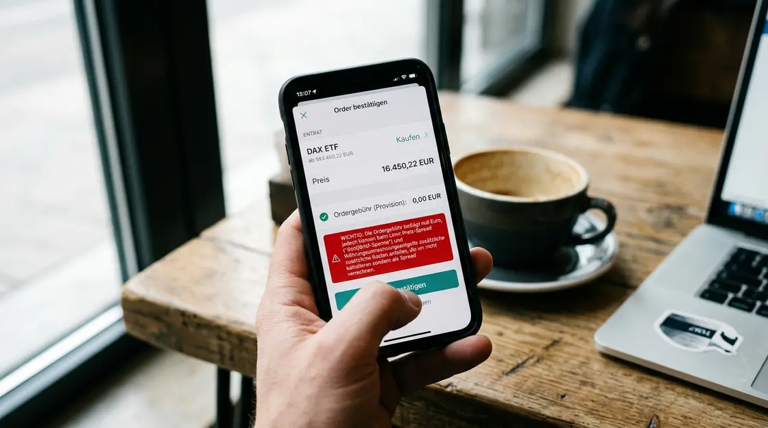 PFOF-Verbot und Neobroker: Smartphone zeigt Null-Euro-Ordergebühr mit versteckten Spread-Kosten