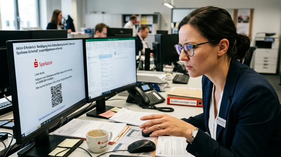 Phishing, Social Engineering – Bankmitarbeiter analysiert verdächtige Phishing-Mail mit QR-Code auf Unternehmens-PC