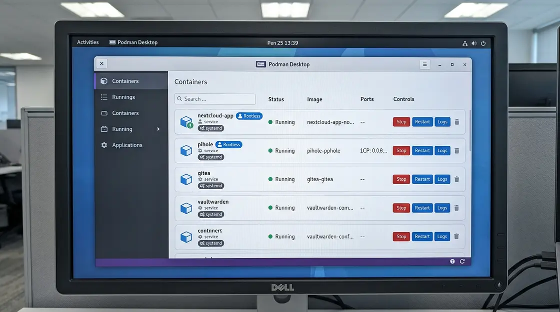 Podman Desktop GUI auf Linux mit rootless Container-Übersicht