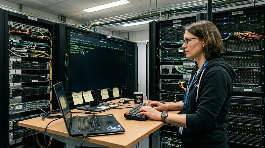 Podman, Rootless Container – Entwickler startet Podman Rootless Container im Terminal auf Linux-Server