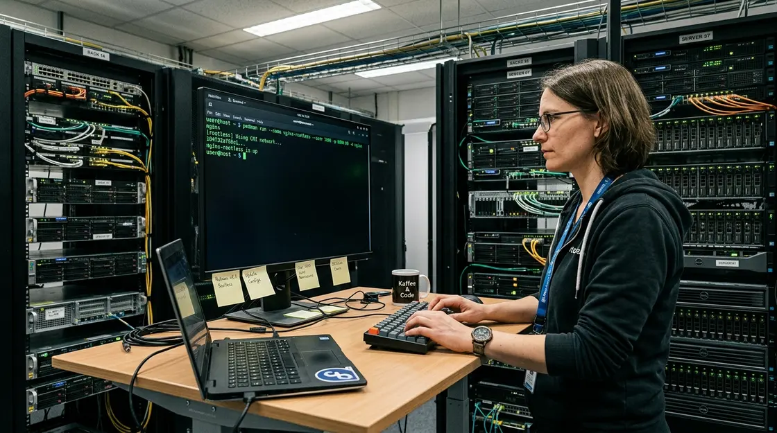 Podman, Rootless Container – Entwickler startet Podman Rootless Container im Terminal auf Linux-Server