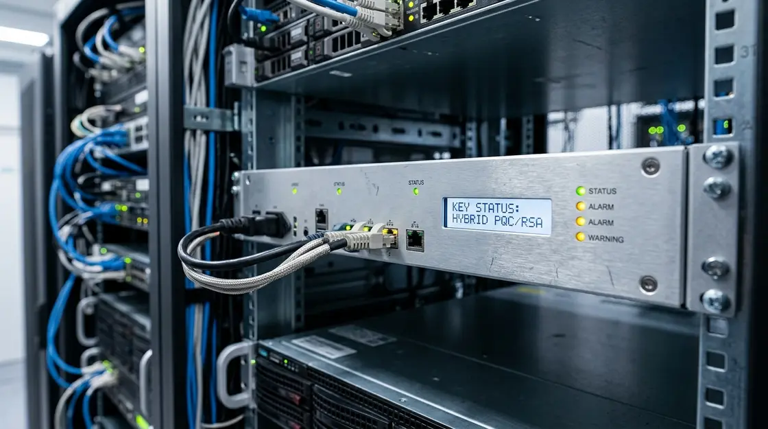 Hardware-Security-Module im Rechenzentrum mit hybridem PQC- und RSA-Schlüsselstatus für Payment-Infrastruktur
