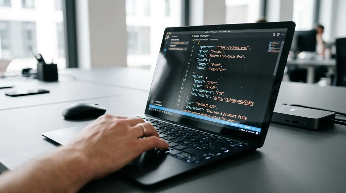Schema Markup und strukturierte Produktdaten im Code-Editor für KI-Sichtbarkeit