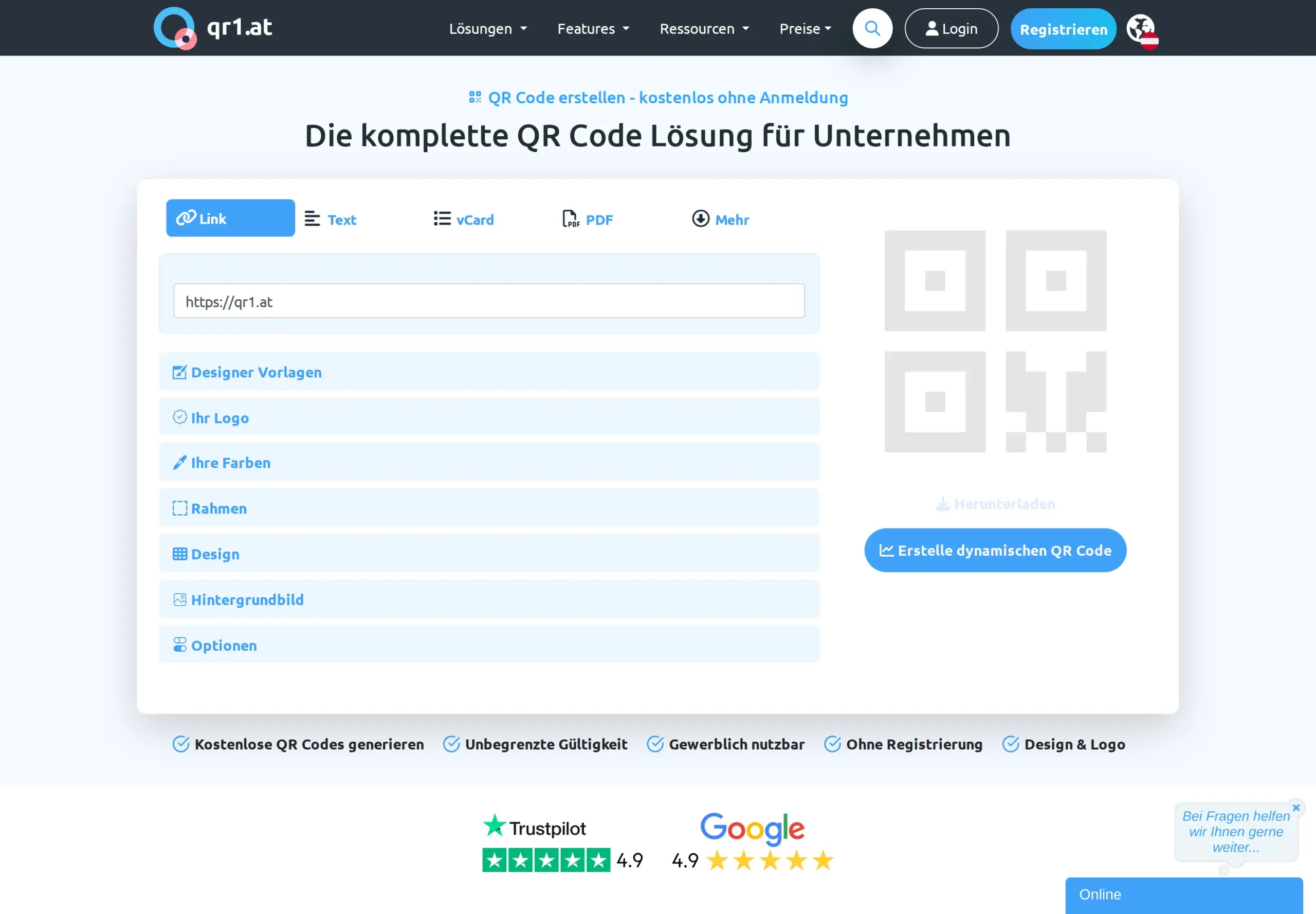 qr1.at Screenshot – QR Code Generator