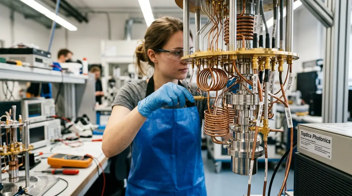 Quanten-Startup-Ingenieur justiert Dilution-Refrigerator-Hardware im Deep-Tech-Labor