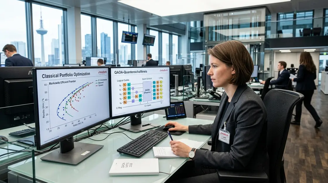 Quantenalgorithmen, Portfolio-Optimierung – Finanzanalystin vergleicht klassische Portfolio-Optimierung mit Quantenalgorithmen auf zwei Monitoren