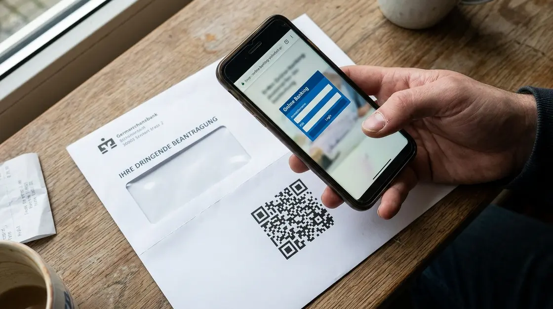 Smartphone scannt QR-Code auf gefälschtem Bankbrief – Quishing-Angriff