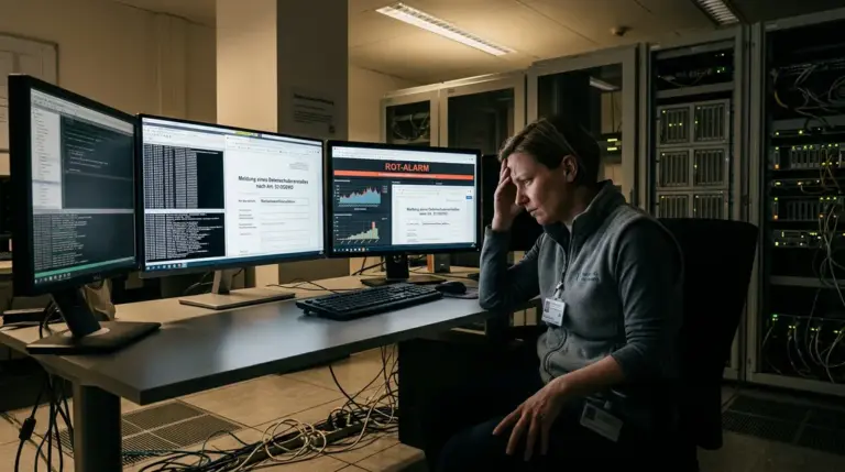 Ransomware, Datenleak, DSGVO-Verstoß – IT-Administrator in einem Serverraum vor einem DSGVO-Verstoß-Warnsystem nach einem Ransomware-Angriff