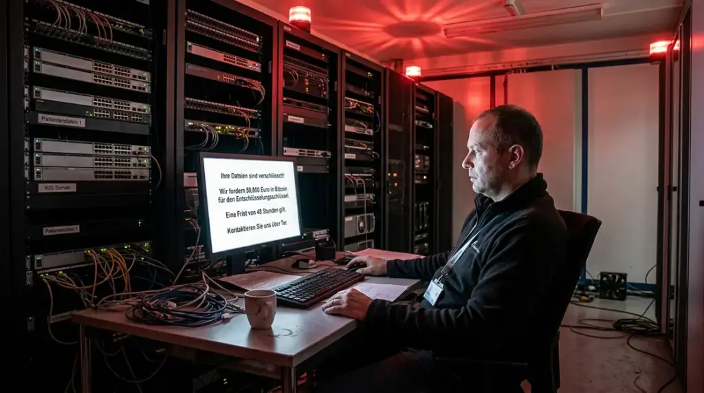 Ransomware, Gesundheitsdaten – IT-Administrator in Klinik-Serverraum liest Ransomware-Forderung auf Monitor