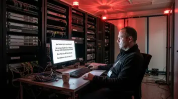 Ransomware, Gesundheitsdaten – IT-Administrator in Klinik-Serverraum liest Ransomware-Forderung auf Monitor