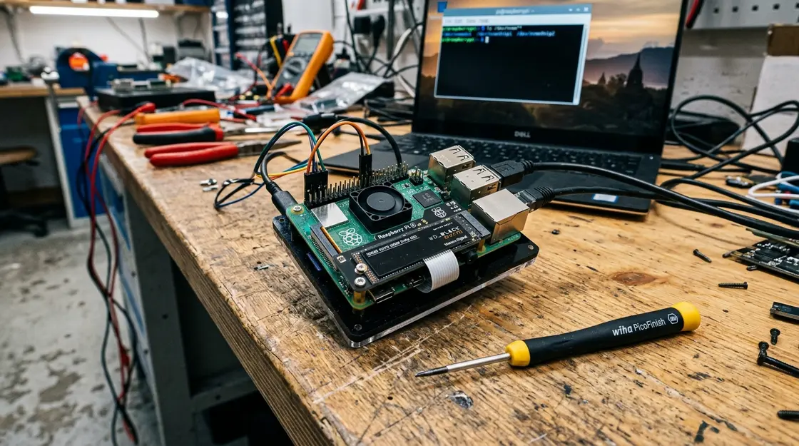 Raspberry Pi, M.2 Storage – Raspberry Pi 5 mit M.2 HAT+ und NVMe-SSD auf Werkbank