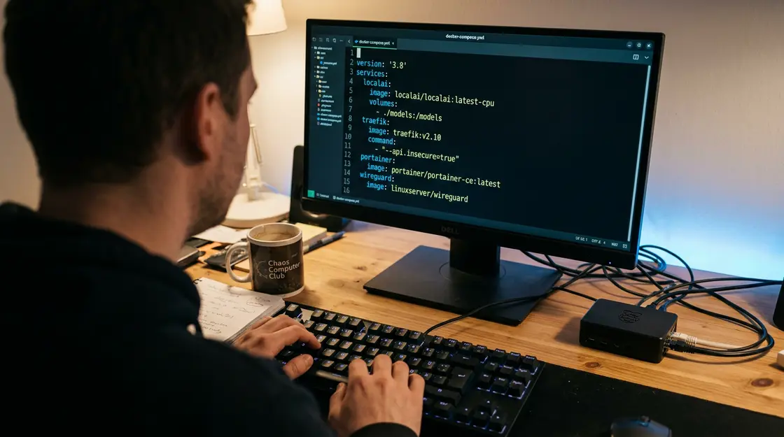 Docker Compose Terminal mit LocalAI und Traefik Stack auf Raspberry Pi