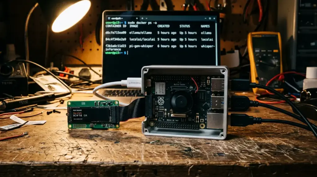 Raspberry Pi, lokale KI-Modelle – Raspberry Pi 5 als lokaler KI-Hub mit Docker Container Stack auf Werkbank