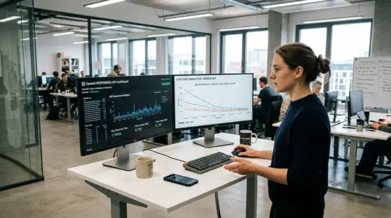 Responses-API, Cost Reduction – Entwickler analysiert Responses-API Kosten und Cost Reduction auf zwei Monitoren