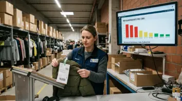 Retouren-KI, Seller-Profitabilität – Lagermitarbeiter scannt Retoure vor KI-Dashboard mit Retourenquoten pro SKU